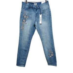 Nicole Miller Studio Women's Skinny Mid Rise Jeans Size 8 Embroidered Blue Denim